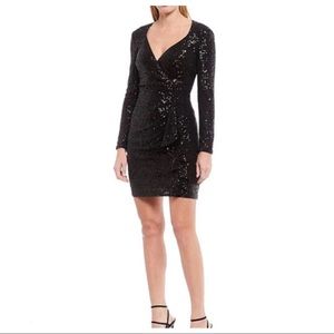 Badgley Mischka Lizabeth Allover Sequin Faux Wrap Sheath Dress